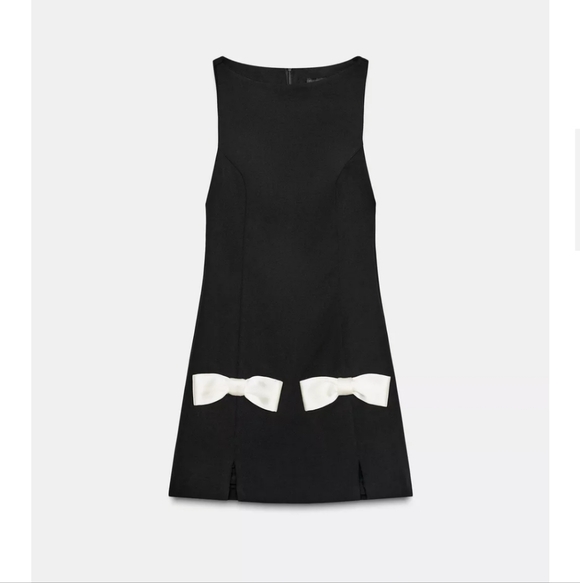 Zara Contrast Bow Mini Elegant Black Dress with White Accents Small S Nwt - Picture 2 of 3
